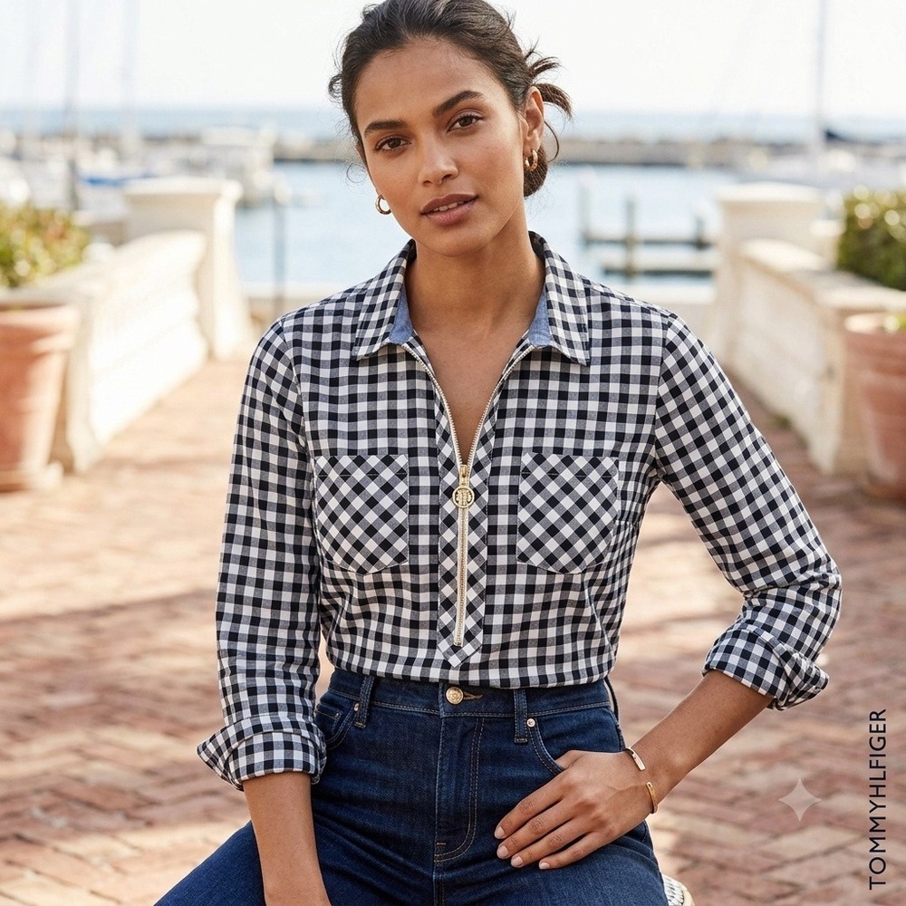 Tommy Hilfiger Blouse Women Medium Black White Gingham Zip Front Long Sleeve